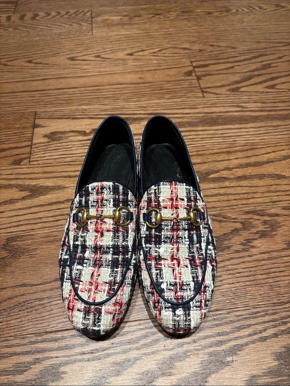 Gucci Tweed Slip-On Loafers in Black, White & Red